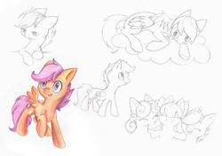 Size: 758x534 | Tagged: safe, artist:ls_skylight, apple bloom, scootaloo, sweetie belle, g4, cloud, cutie mark crusaders, simple background, sketch