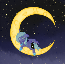 Size: 674x672 | Tagged: safe, artist:lalucca, princess luna, pony, g4, crescent moon, crying, female, moon, sad, solo, tangible heavenly object, transparent moon, woona