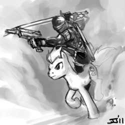 Size: 1000x1000 | Tagged: safe, artist:johnjoseco, doctor whooves, time turner, earth pony, pony, g4, angry, crossover, g.i. joe, grayscale, gun, humans riding ponies, katana, male, monochrome, riding, scowl, snake eyes, stallion, sword, uzi, weapon