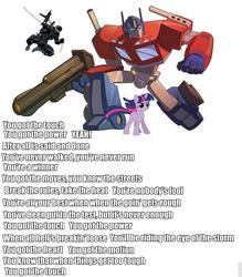 Size: 840x960 | Tagged: safe, twilight sparkle, cybertronian, human, pony, robot, unicorn, g4, g.i. joe, optimus prime, snake eyes (g.i. joe), song reference, stan bush, team hasbro, text, the touch, transformers, unicorn twilight