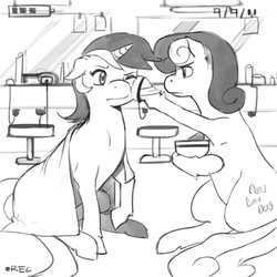 Size: 900x900 | Tagged: safe, artist:kevinsano, bon bon, lyra heartstrings, sweetie drops, earth pony, pony, unicorn, g4, camera shot, duo, female, floppy ears, grayscale, lesbian, monochrome, one eye closed, ship:lyrabon, shipping