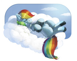 Size: 831x664 | Tagged: safe, artist:kevinsano, rainbow dash, pony, g4, cloud, cloudy, eyes closed, female, hippo snout, on a cloud, on back, solo