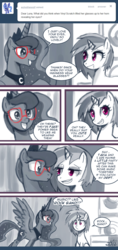 Size: 600x1274 | Tagged: safe, artist:johnjoseco, dj pon-3, princess luna, vinyl scratch, alicorn, pony, unicorn, ask princess molestia, gamer luna, g4, adorkable, bedroom eyes, comic, cute, dork, female, glasses, innuendo, lunabetes, mare