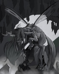 Size: 640x800 | Tagged: safe, artist:kevinsano, queen chrysalis, changeling, changeling queen, g4, creepy, crown, fangs, female, frown, grayscale, jewelry, monochrome, regalia, smiling, solo, standing, tongue out