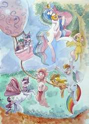 Size: 573x800 | Tagged: safe, artist:kevinsano, applejack, fluttershy, pinkie pie, princess celestia, rainbow dash, rarity, spike, twilight sparkle, alicorn, earth pony, pegasus, pony, unicorn, g4, butterfly wings, female, flying, glimmer wings, hot air balloon, mane six, rope, traditional art, watercolor painting, wingless, wings