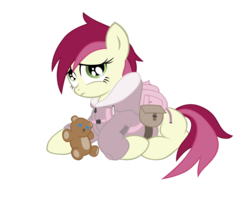 Size: 2784x2208 | Tagged: safe, artist:shadawg, roseluck, earth pony, pony, g4, backpack, bag, clothes, female, filly, foal, high res, lying, missing cutie mark, simple background, solo, teddy bear, transparent background, younger