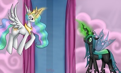 Size: 1332x800 | Tagged: safe, artist:nefertie, princess celestia, queen chrysalis, alicorn, changeling, changeling queen, pony, g4, female, glowing horn, horn