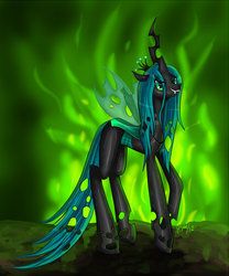 Size: 900x1081 | Tagged: safe, artist:nefertie, queen chrysalis, changeling, changeling queen, g4, crown, fangs, female, fire, frown, jewelry, looking at you, regalia, signature, smiling, solo, standing