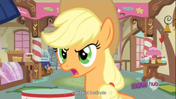 Size: 1366x768 | Tagged: safe, screencap, applejack, earth pony, pony, g4, all new, capitalism, female, hub logo, solo, text, youtube caption, youtube link