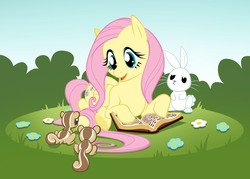 Size: 2426x1734 | Tagged: safe, artist:evanstanley, angel bunny, fluttershy, g4, book