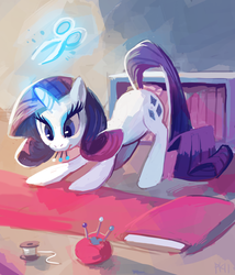 Size: 1097x1280 | Tagged: safe, artist:purplekecleon, rarity, pony, unicorn, g4, digital painting, fabric bolt, female, glowing, glowing horn, horn, levitation, magic, material, mouth hold, pin, pincushion, scissors, sewing, solo, spool, thread