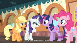 Size: 1366x768 | Tagged: safe, screencap, applejack, pinkie pie, rarity, twilight sparkle, g4, youtube caption, youtube link