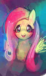 Size: 730x1200 | Tagged: safe, artist:purplekecleon, fluttershy, pegasus, pony, g4, abstract background, bust, digital painting, female, front view, full face view, looking at you, mare, open mouth, open smile, portrait, smiling, solo, spread wings, wings