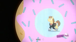 Size: 1366x768 | Tagged: safe, screencap, donut joe, pony, unicorn, g4, mmmystery on the friendship express, hub logo, male, solo, stallion, swag, youtube caption, youtube link