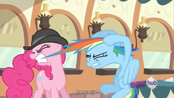 Size: 1366x768 | Tagged: safe, screencap, pinkie pie, rainbow dash, g4, mmmystery on the friendship express, my little pony: friendship is magic, female, hub logo, pulling, uranium, youtube caption, youtube link