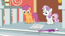 Size: 1366x768 | Tagged: safe, screencap, scootaloo, sweetie belle, g4, my little pony: friendship is magic, ponyville confidential, youtube link