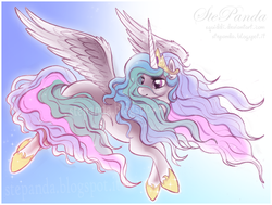 Size: 900x680 | Tagged: safe, artist:stepandy, princess celestia, alicorn, pony, g4, female, flying, mare, solo, watermark