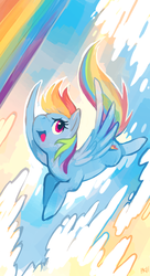 Size: 695x1280 | Tagged: safe, artist:purplekecleon, rainbow dash, pegasus, pony, g4, backwards cutie mark, female, flying, mare, open mouth, rainbow, sky, solo