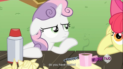 Size: 1366x768 | Tagged: safe, edit, edited screencap, screencap, apple bloom, sweetie belle, earth pony, pony, unicorn, g4, ponyville confidential, apple bloom's bow, bow, coffee, coffee mug, duo, female, filly, floppy ears, foal, grass, hair bow, horn, hub logo, logo, meme, mug, notepad, outdoors, paper, steam, table, the hub, thermos, thinking, thinking bloom, youtube caption, youtube link