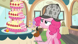 Size: 1366x768 | Tagged: safe, screencap, pinkie pie, earth pony, pony, g4, mmmystery on the friendship express, bubble pipe, cake, deerstalker, female, food, hat, lunatic, mare, solo, youtube caption, youtube link