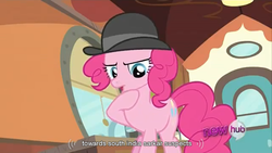 Size: 1366x768 | Tagged: safe, screencap, pinkie pie, g4, mmmystery on the friendship express, hub logo, youtube caption, youtube link