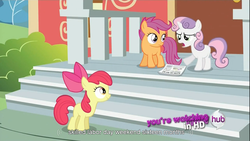 Size: 1366x768 | Tagged: safe, edit, edited screencap, screencap, apple bloom, scootaloo, sweetie belle, earth pony, pegasus, pony, unicorn, g4, ponyville confidential, season 2, apple bloom's bow, bow, bush, cutie mark crusaders, door, female, filly, foal, hair bow, horn, hub logo, logo, looking at each other, looking at someone, meme, newspaper, outdoors, ponyville schoolhouse, railing, smiling, stairs, the hub, tree, trio, youtube caption, youtube link