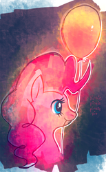Size: 739x1200 | Tagged: safe, artist:purplekecleon, pinkie pie, earth pony, pony, g4, balloon, bust, female, mare, nom, portrait, profile, smiling, solo