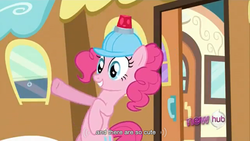 Size: 1366x768 | Tagged: safe, screencap, pinkie pie, g4, mmmystery on the friendship express, hub logo, youtube caption, youtube link