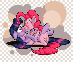 Size: 1400x1200 | Tagged: safe, artist:caencel, pinkie pie, twilight sparkle, cute, eyes closed, female, heart, kissing, lesbian, shipping, surprise kiss, twinkie