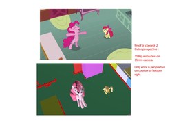 Size: 1600x1216 | Tagged: safe, edit, edited screencap, screencap, apple bloom, applejack, pinkie pie, earth pony, pony, call of the cutie, g4, season 1, 3d, apple bloom's bow, applejack's hat, bipedal, bow, cabinet, counter, cowboy hat, door, eyes closed, female, filly, foal, hair bow, hat, indoors, looking at someone, mare, open mouth, rug, sink, sugarcube corner, text, thinking with ponies