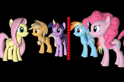 Size: 749x500 | Tagged: safe, applejack, fluttershy, pinkie pie, rainbow dash, twilight sparkle, g4, 3d, female, thinking with ponies