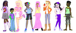 Size: 900x391 | Tagged: safe, artist:tenorsaxlolita, applejack, fluttershy, pinkie pie, rainbow dash, rarity, spike, twilight sparkle, zecora, human, g4, clothes, converse, dark skin, female, hijab, humanized, islam, islamashy, mane seven, mane six, natural hair color, shoes, simple background, skirt, sneakers, white background