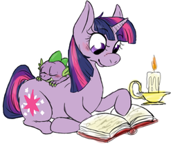 Size: 658x559 | Tagged: safe, artist:glynn, spike, twilight sparkle, dragon, pony, unicorn, g4, book, candle, female, male, mare