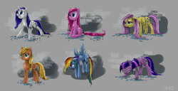 Size: 4000x2048 | Tagged: safe, artist:ruffu, applejack, fluttershy, pinkie pie, rainbow dash, rarity, twilight sparkle, earth pony, pegasus, pony, unicorn, g4, female, mane six, unicorn twilight, wet, wet mane, wet mane rarity