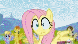 Size: 335x192 | Tagged: safe, screencap, crescent pony, derpy hooves, fluttershy, mane moon, merry may, rainbow swoop, rainbowshine, spectrum, spring melody, sprinkle medley, warm front, pegasus, pony, g4, hurricane fluttershy, animated, eyeball, eyes, female, hub logo, hyperventilating, mare, panic attack