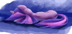 Size: 1248x592 | Tagged: safe, artist:ruffu, twilight sparkle, pony, unicorn, g4, facing away, female, lying down, mare, on side, sad, solo, unicorn twilight