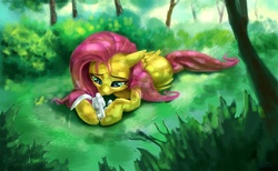 Size: 2075x1281 | Tagged: safe, artist:ruffu, angel bunny, fluttershy, pegasus, pony, g4, forest, looking at each other, looking at someone, lying down