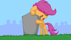 Size: 1920x1080 | Tagged: safe, artist:jammaren, scootaloo, pegasus, pony, g4, bipedal, bipedal leaning, crying, eyes closed, female, grave, leaning, open mouth, sad, scootalone, solo