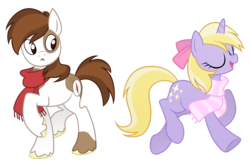 Size: 2400x1600 | Tagged: safe, artist:equestria-prevails, dinky hooves, pipsqueak, earth pony, pony, unicorn, g4, clothes, eyes closed, female, male, older, scarf, ship:dinkysqueak, shipping, simple background, straight, transparent background, twitterpated