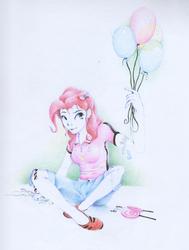 Size: 2309x3062 | Tagged: safe, artist:ruffu, pinkie pie, human, g4, balloon, candy, female, food, high res, humanized, lollipop, solo, traditional art