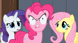 Size: 640x360 | Tagged: safe, screencap, fluttershy, pinkie pie, rarity, g4, season 2, the last roundup, animated, animation error, evil eyes, female, mare, nightmare, no tail, pinkie pie is not amused, pinkie promise, rage, unamused, when she doesn't smile