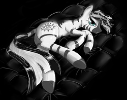 Size: 976x771 | Tagged: safe, artist:madhotaru, zecora, pony, zebra, g4, butt, female, looking at you, lying down, mare, plot, solo