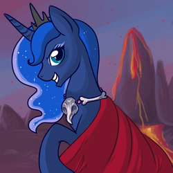 Size: 500x500 | Tagged: safe, artist:lulubell, princess luna, pony, g4, bust, cape, clothes, female, solo, volcano