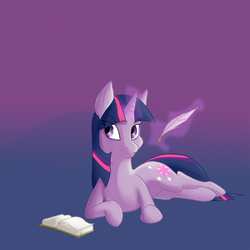 Size: 500x500 | Tagged: safe, artist:copycatastrophe, twilight sparkle, pony, unicorn, g4, book, female, glowing horn, grin, horn, magic, mare, quill, smiling, solo, telekinesis, unicorn twilight