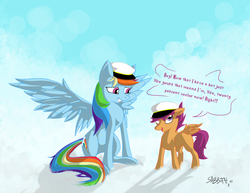 Size: 2000x1541 | Tagged: safe, artist:copycatastrophe, rainbow dash, scootaloo, g4, female, hat