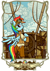 Size: 1756x2485 | Tagged: safe, artist:noreasontohope, rainbow dash, pegasus, pony, g4, airship, bipedal, butt, clothes, cloud, ear piercing, earring, female, flying, goggles, jewelry, mare, piercing, pirate, plot, scar, skull, sky, smiling, solo, steampunk, wrench