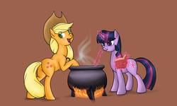 Size: 2500x1500 | Tagged: safe, artist:cave-shinobi, applejack, twilight sparkle, earth pony, pony, unicorn, g4, book, butt, cauldron, cooking, fire, food, levitation, magic, plot, soup, telekinesis