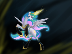 Size: 1024x768 | Tagged: safe, artist:cave-shinobi, princess celestia, pony, g4, angry, female, glowing horn, horn, rearing, solo