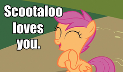 Size: 848x502 | Tagged: safe, scootaloo, g4, heartwarming, image macro, love