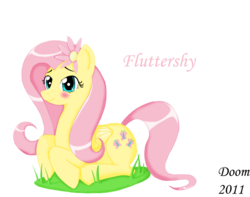 Size: 900x708 | Tagged: safe, artist:doomxwolf, fluttershy, pegasus, pony, g4, blushing, female, flower, flower in hair, folded wings, looking at you, mare, name, prone, simple background, smiling, solo, three quarter view, transparent background, wings